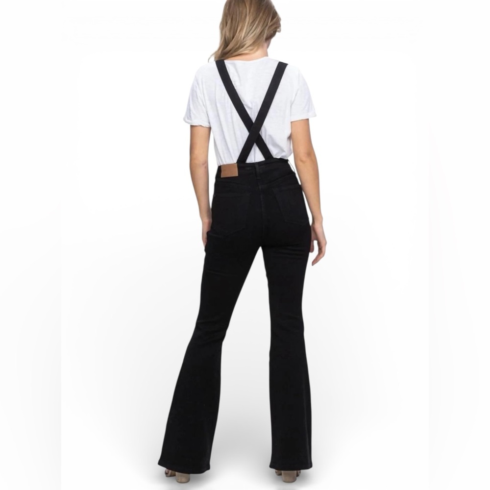 Judy Blue Tummy Control Retro Flare Black Overalls Denim Jumpsuit Size Large - Picture 14 of 16